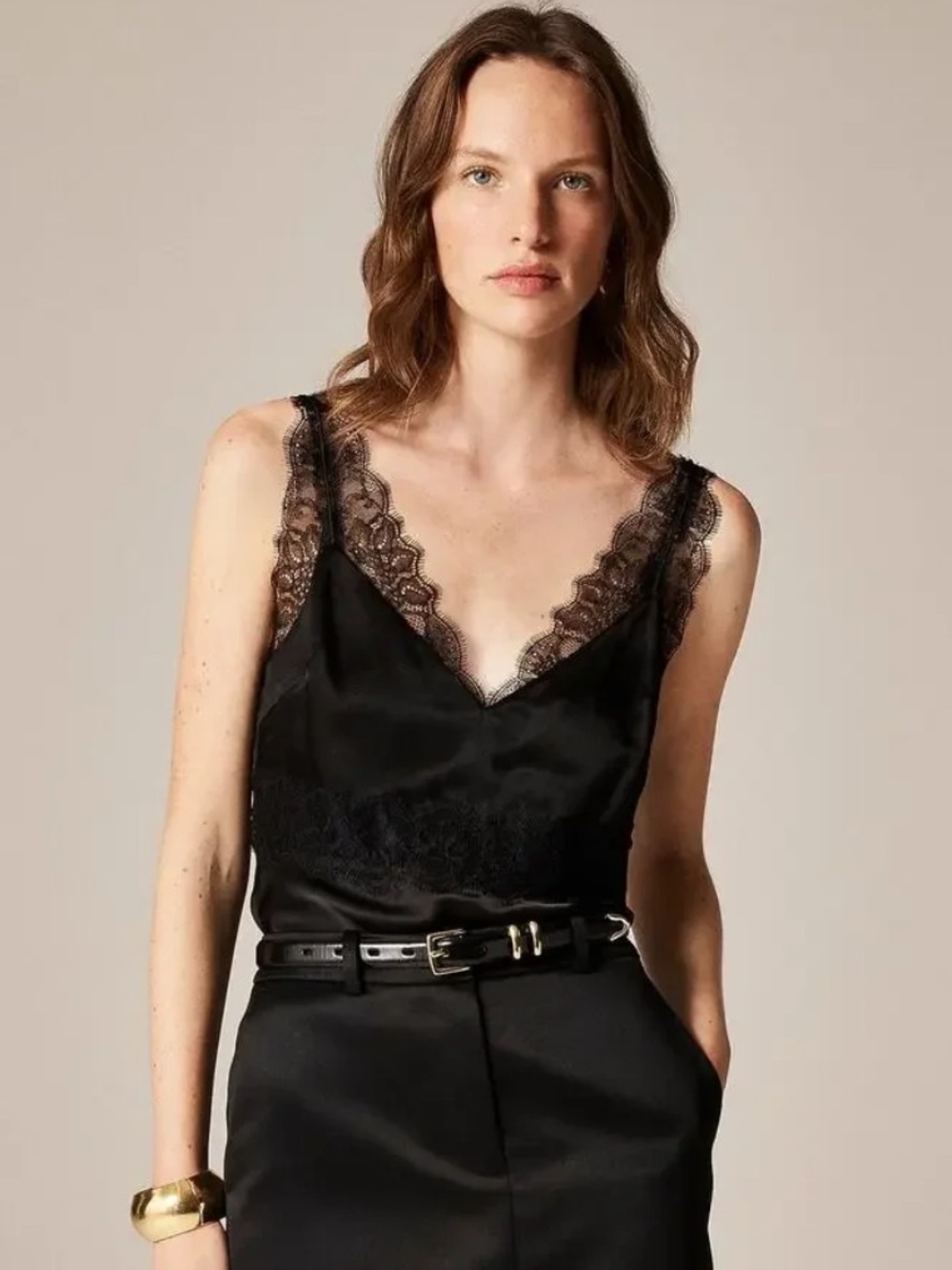 NWT J. Crew Women's Lace-Trim Tank Top in Luster Charmeuse Black 10